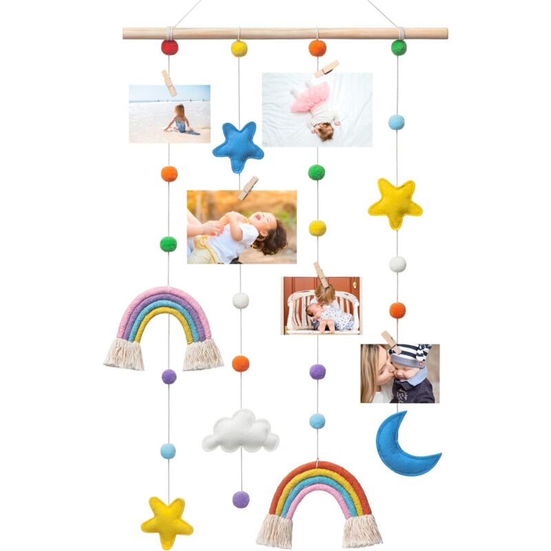 foto del prodotto dpzo espositore per foto da appendere con decorazione arcobaleno, organizer da parete in stile boho con 25 clip in legno per la cameretta dei