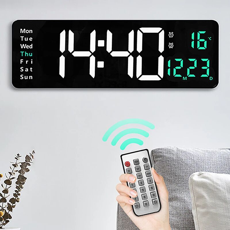 foto del prodotto dpzo grande orologio da parete digitale con telecomando, temperatura, data, visualizzazione della settimana, spegnimento, memoria, orologio da