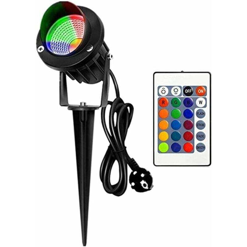 foto del prodotto dpzo illuminazione da giardino, faretto da giardino cob da 10 w, illuminazione rgb colorata con telecomando, faretto da esterno con picchetto da