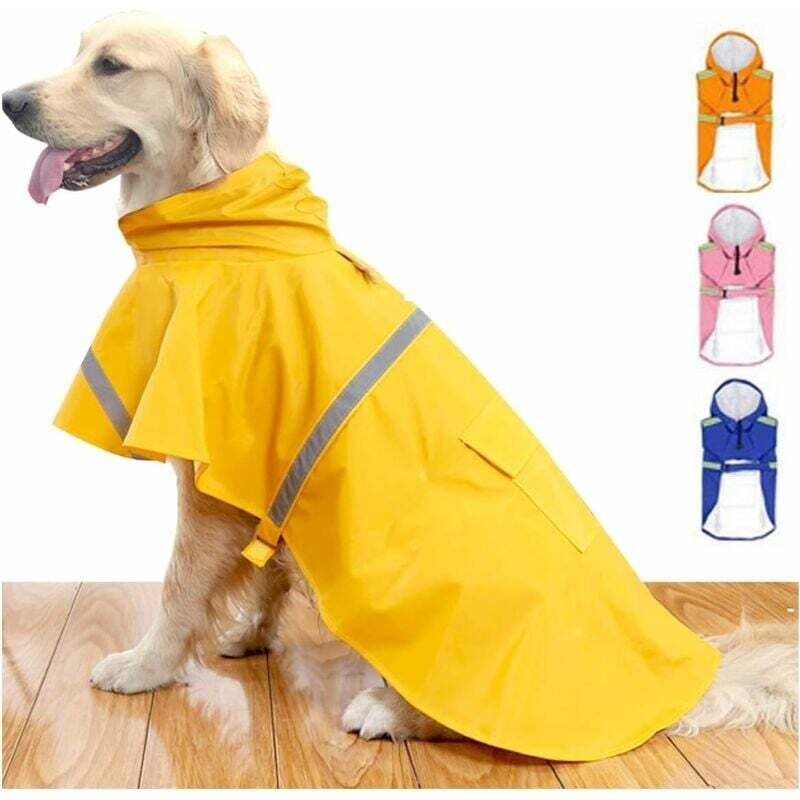 foto del prodotto dpzo impermeabile per cani di taglia grande con cappuccio a strisce riflettenti, impermeabile per cani giallo, l