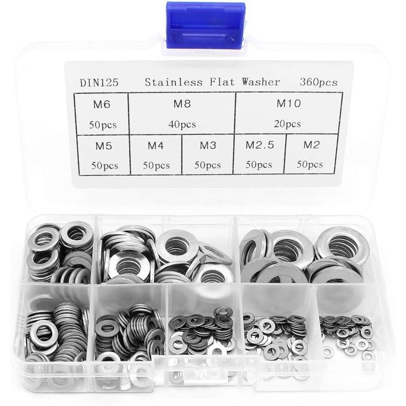foto del prodotto dpzo kit assortimento di rondelle piatte in acciaio inossidabile da 360 pezzi m2 m2,5 m3 m4 m5 m6 m8 m10
