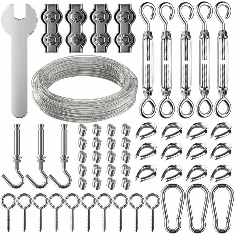foto del prodotto dpzo kit di corda in acciaio inossidabile da 30 m, 2 mm con tenditore e ganci per appendere oggetti leggeri, piante rampicanti, stendibiancheria