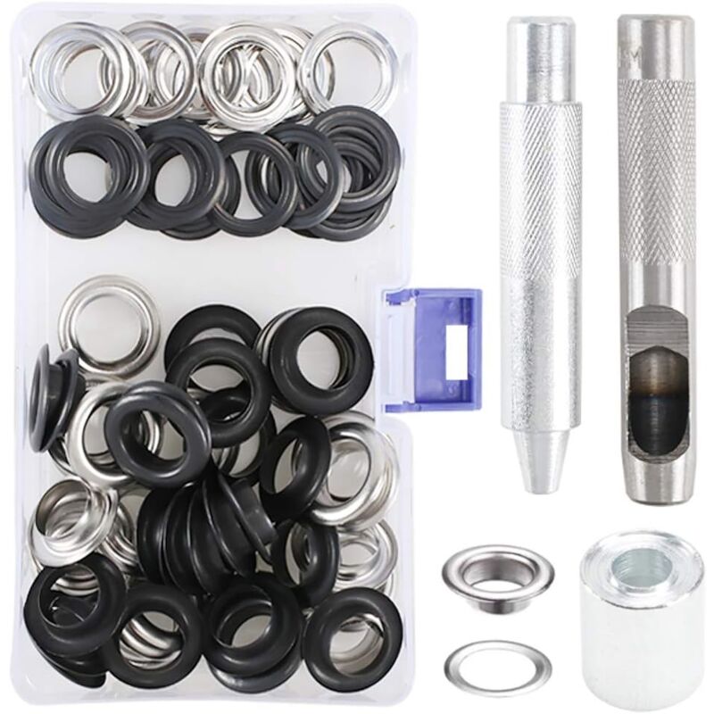 foto del prodotto dpzo kit di occhielli in metallo da 103 pezzi, strumenti di riparazione per teloni, tende e abbigliamento, nero e argento
