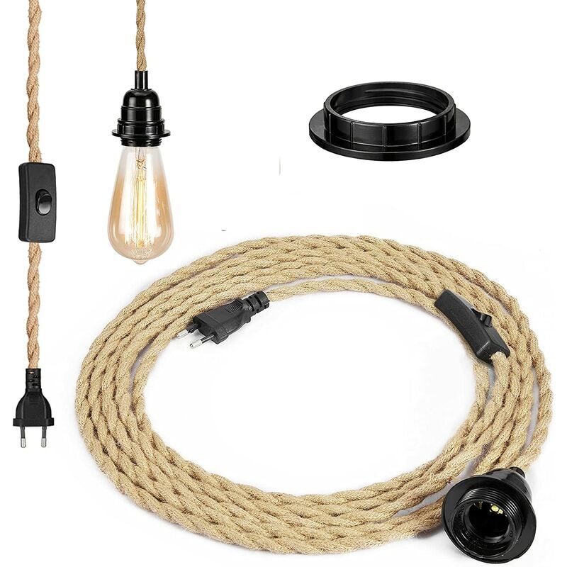 foto del prodotto dpzo lampadario retr in corda, attacco e27 con cavo elettrico da 4,5 m e interruttore, per lampada a sospensione lampadina non inclusa 
