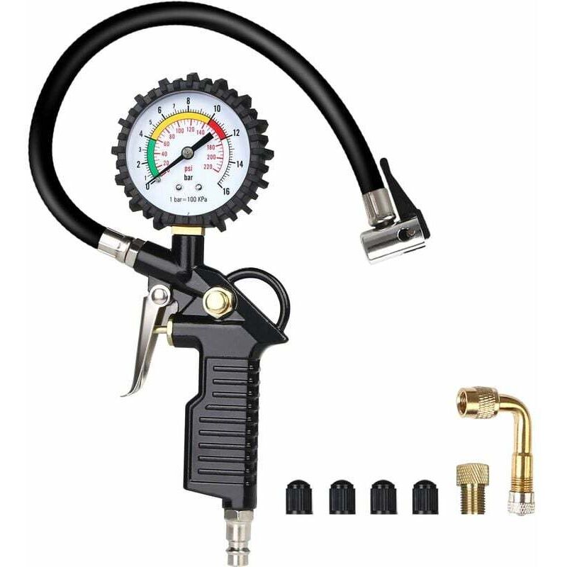 foto del prodotto dpzo manometro per pneumatici, manometro digitale per pneumatici, pistola gonfiaggio pneumatici con 4 cappucci valvola adattatore ugello aria
