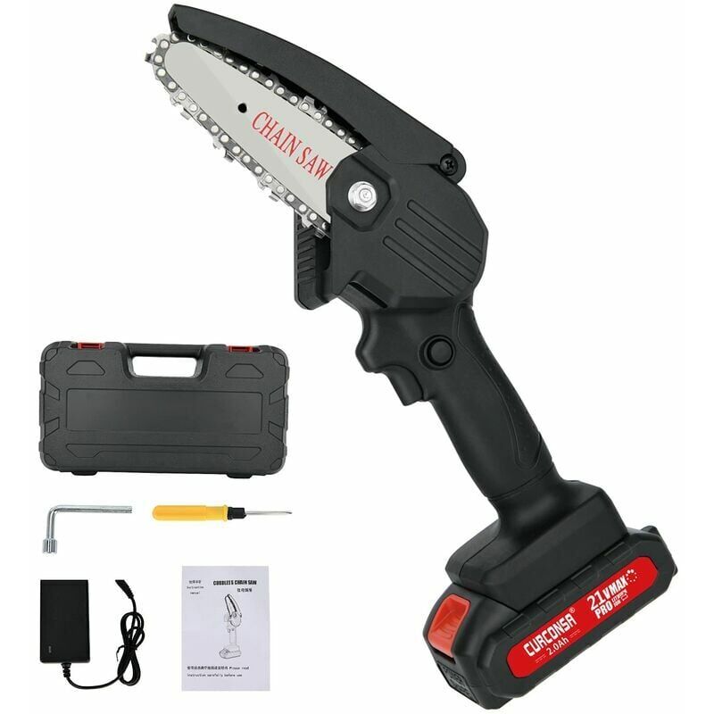 foto del prodotto dpzo mini motosega a batteria, mini motosega da 4 pollici, piccola motosega elettrica con batteria da 2 ah, caricabatterie per taglio del legno,