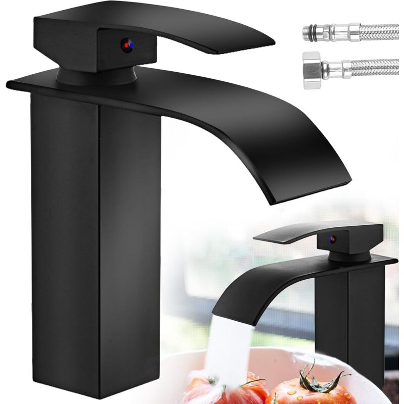 foto del prodotto dpzo miscelatore per lavabo moderno a cascata nero rubinetto per bagno auralum adatto per lavabi sottotop