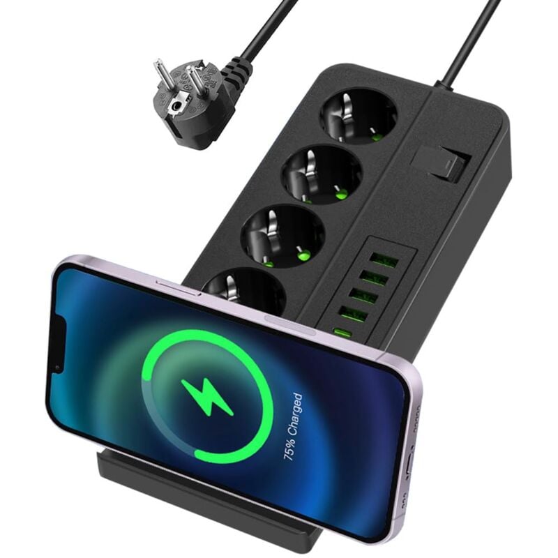 foto del prodotto dpzo multipresa, multipresa 11 in 1, multipresa con interruttore di protezione da sovratensione, multipresa a 4 prese con 6 usb, multipresa di