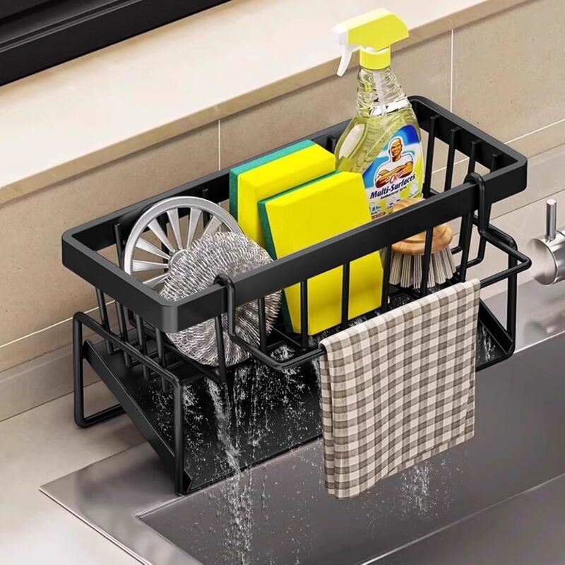 foto del prodotto dpzo organizer e contenitore per la cucina, in acciaio inox, con vassoio di drenaggio automatico per porta spugna, porta asciugamani, fantastici
