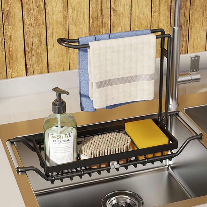 foto del prodotto dpzo organizer espandibile per lavello da cucina in acciaio inossidabile con asta appendiabiti per strofinacci