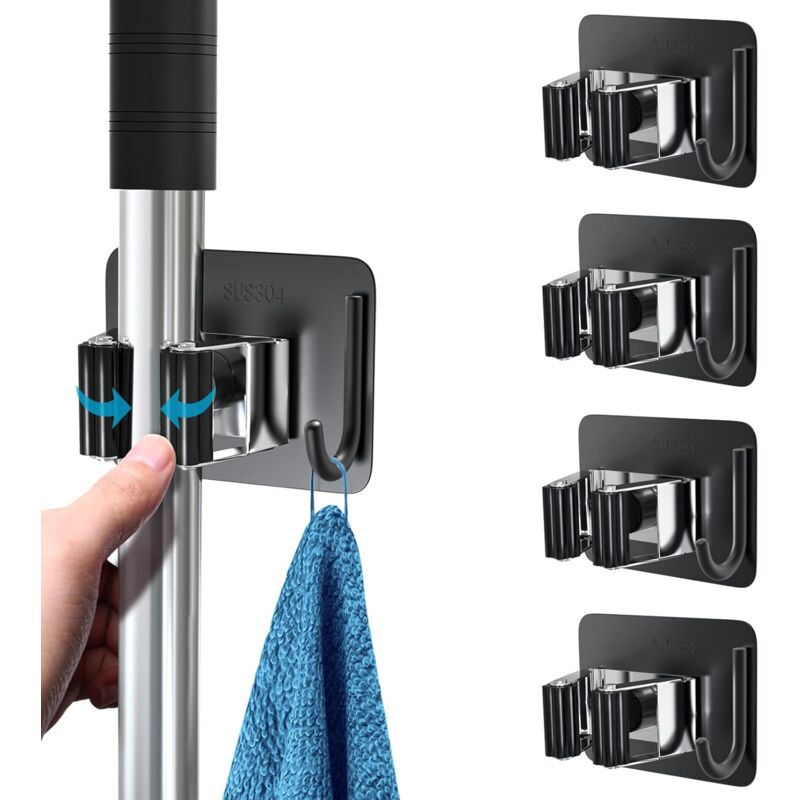 foto del prodotto dpzo pezzi supporto per mocio in acciaio inox, gancio per mocio autoadesivo da parete senza foratura, supporto per mocio con ganci per cucina,