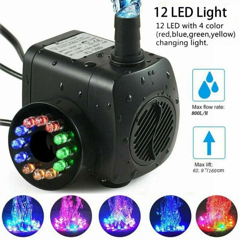 foto del prodotto dpzo pompa per fontana da 15 w, portata 800 l h, con 12 led integrati, ideale per stagni e giardini.