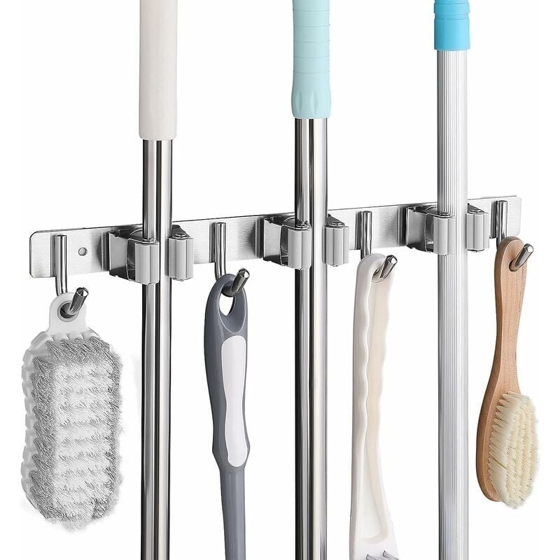 foto del prodotto dpzo porta scopa da parete in acciaio inox, porta scopa da parete con 3 fessure e 4 ganci per cucina, bagno, garage e giardino, grigio, gu.b bon
