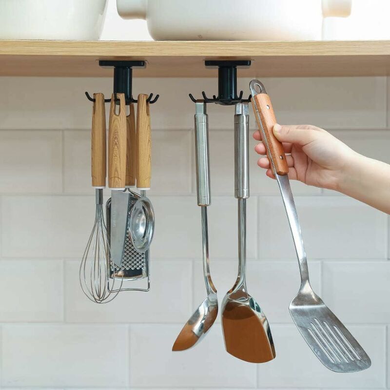 foto del prodotto dpzo portautensili da cucina rotante a 360 , 6 ganci sottopensile portautensili da cucina, ganci portaoggetti senza foratura per cucina bagno