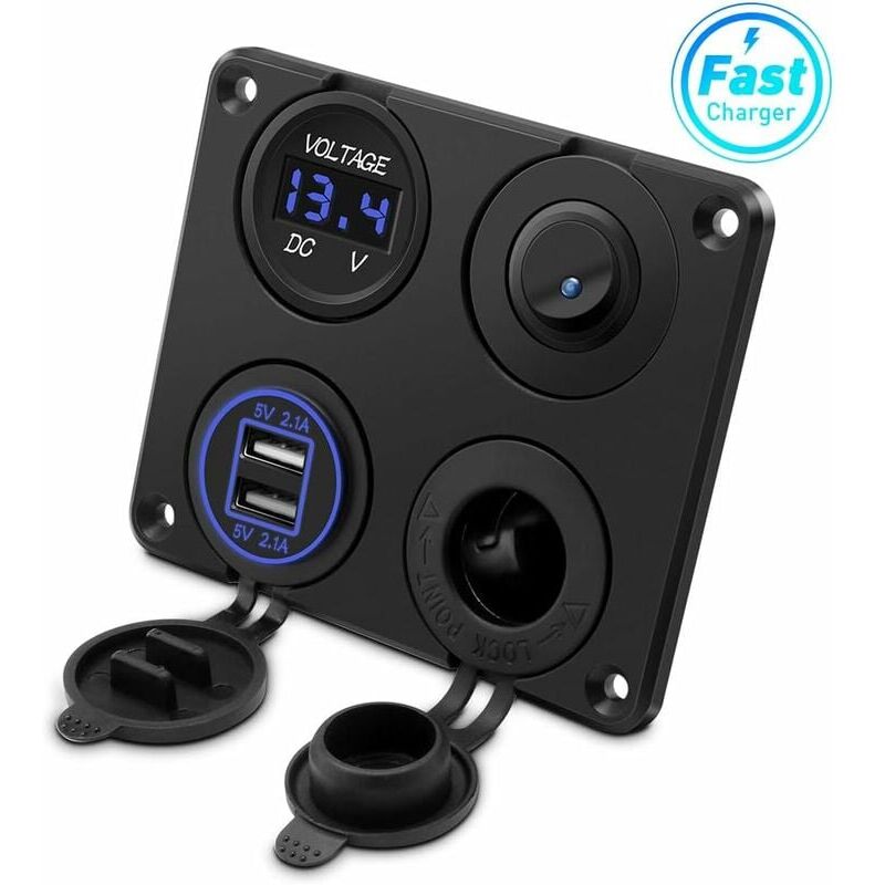 foto del prodotto dpzo presa accendisigari, doppia porta usb 4,2 a, presa cc 12 v, interruttore e voltmetro con display led, caricabatteria da auto impermeabile,