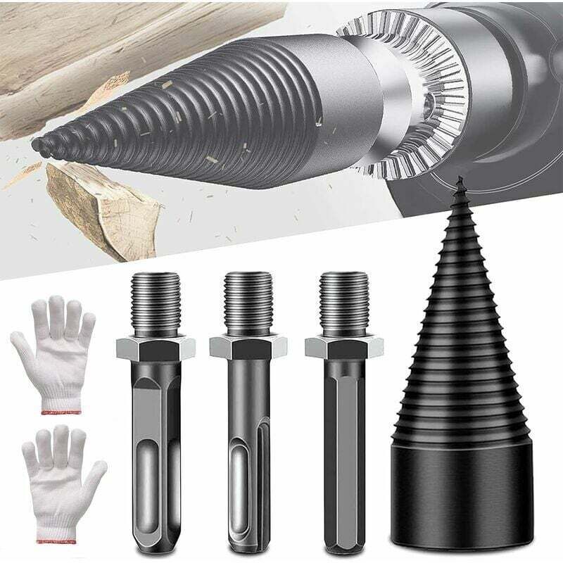 foto del prodotto dpzo punta da trapano per spaccalegna da 42 mm, cono per spaccalegna, trapano per spaccare la legna da ardere con 3 alberi multifunzione, fonepro