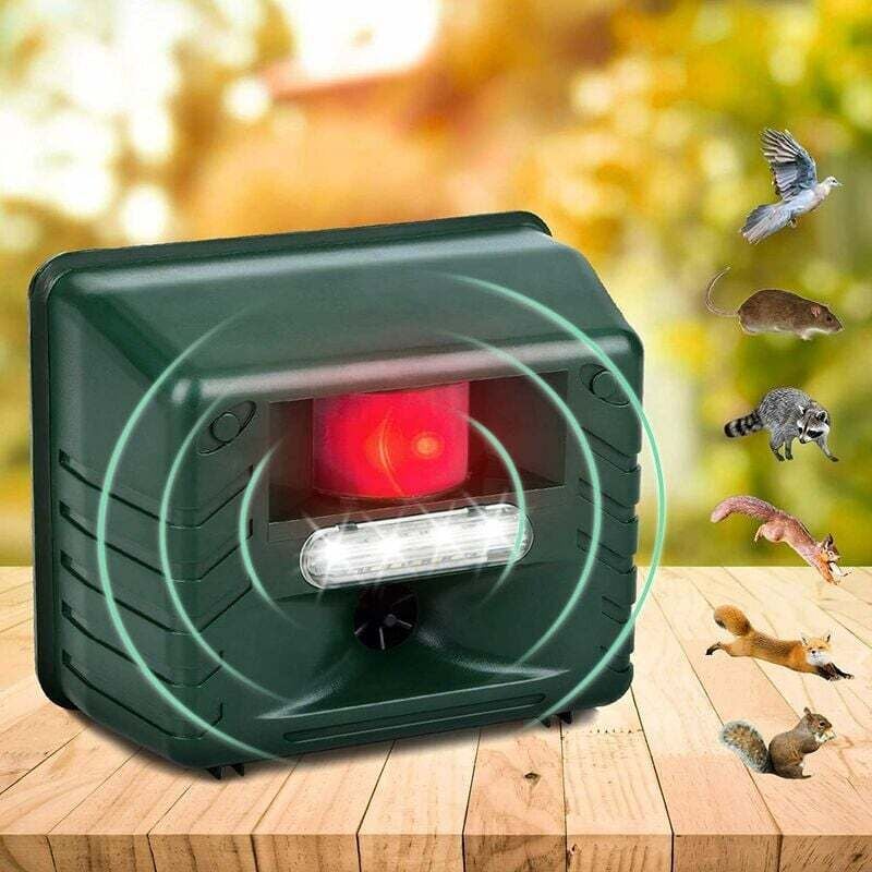foto del prodotto dpzo repellente per uccelli da esterno, repellente per animali ad ultrasuoni, repellente per uccelli da esterno con sensore di movimento e flash,