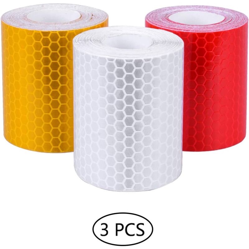 foto del prodotto dpzo rotoli di nastro adesivo riflettente di sicurezza per auto, camion, attrezzature motorizzate stradali, 1 cm x 8 m bianco, rosso e giallo 