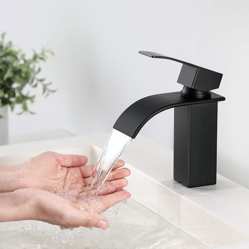 foto del prodotto dpzo rubinetto per lavabo a cascata, miscelatore a cascata nero, rubinetto per bagno in ottone con foro singolo montato sul ponte, cartuccia in