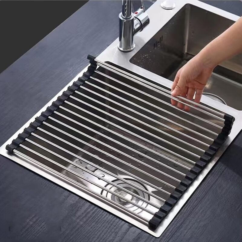 immagine 0 del prodotto dpzo scolapiatti in acciaio inox nero, pieghevole e rimovibile, scolapiatti a rulli in acciaio inox per lavello, 43 cm x 35 cm