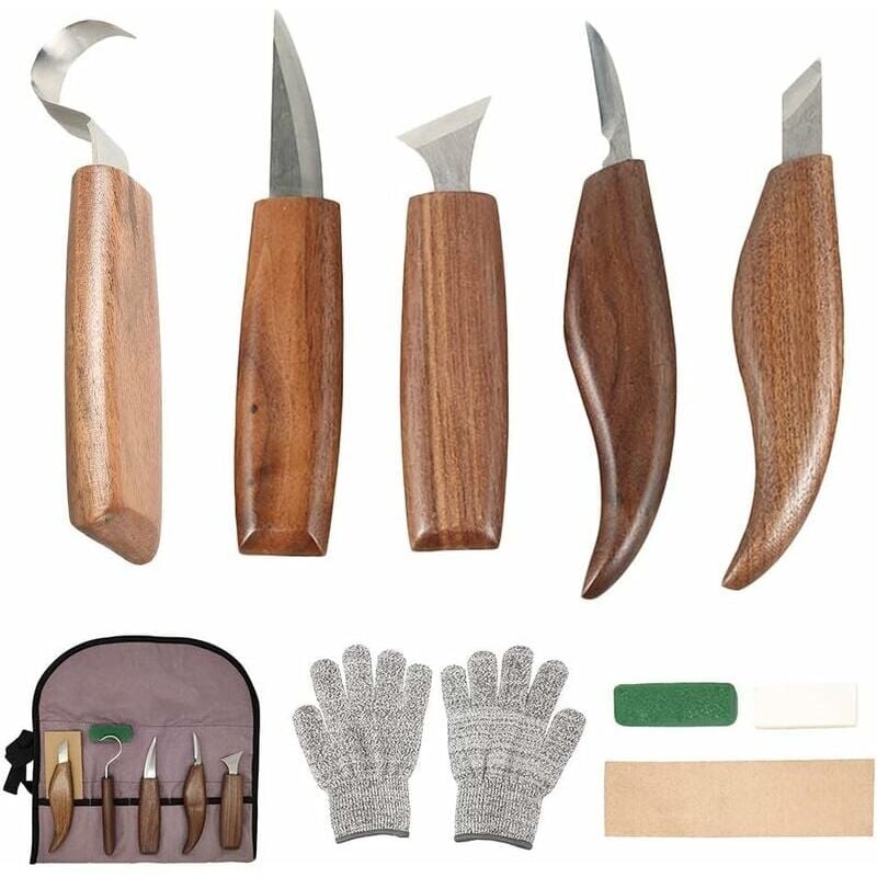 foto del prodotto dpzo set di 10 utensili per intaglio del legno in acciaio al carbonio, utensili per intaglio del legno con coltello a uncino, coltello da intaglio