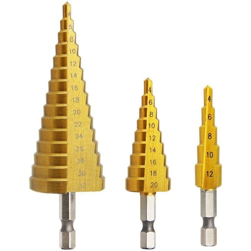 foto del prodotto dpzo set di 3 punte a gradini, in acciaio inossidabile hss, 4 12 20 32 mm, triangolari coniche in titanio, con gambo esagonale, per foratura con