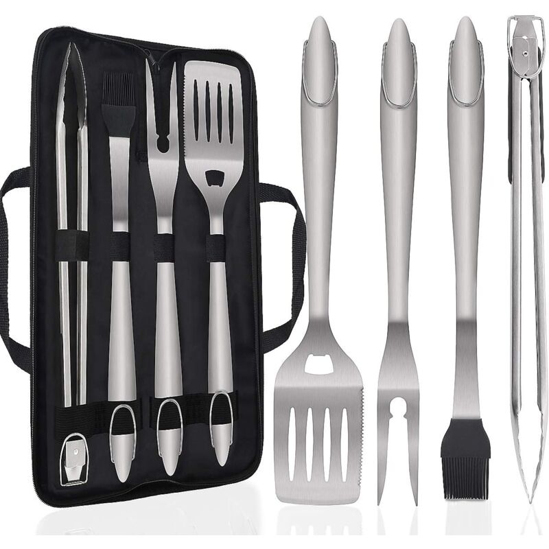 foto del prodotto dpzo set di 5 utensili per barbecue in acciaio inossidabile, accessori premium, kit portatile per compleanni e natale