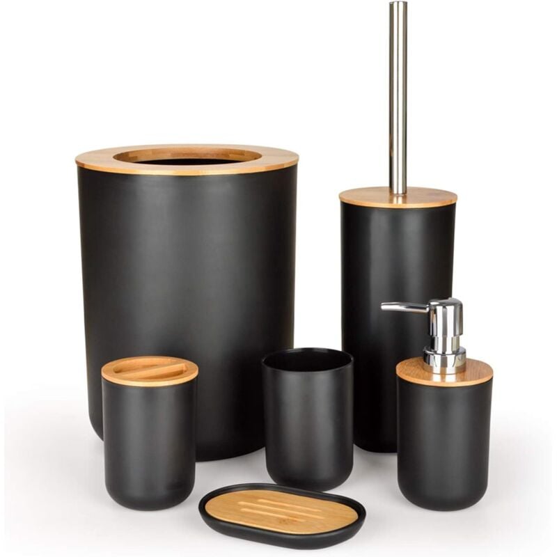 foto del prodotto dpzo set di 6 accessori da bagno in bamb , set di accessori da bagno, flaconi per lozione, porta spazzolino, tazza da denti, porta sapone, scopino