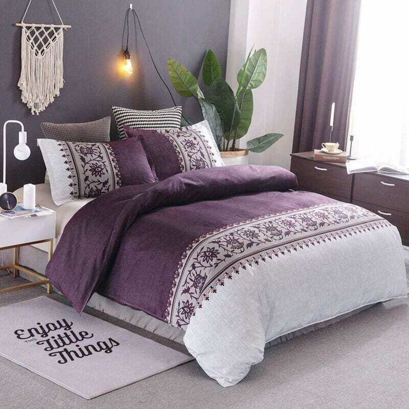 foto del prodotto dpzo set di biancheria da letto 3 pezzi per 2 persone con copripiumino reversibile con stampa viola convallaria e cerniera, 200 x 200 cm.