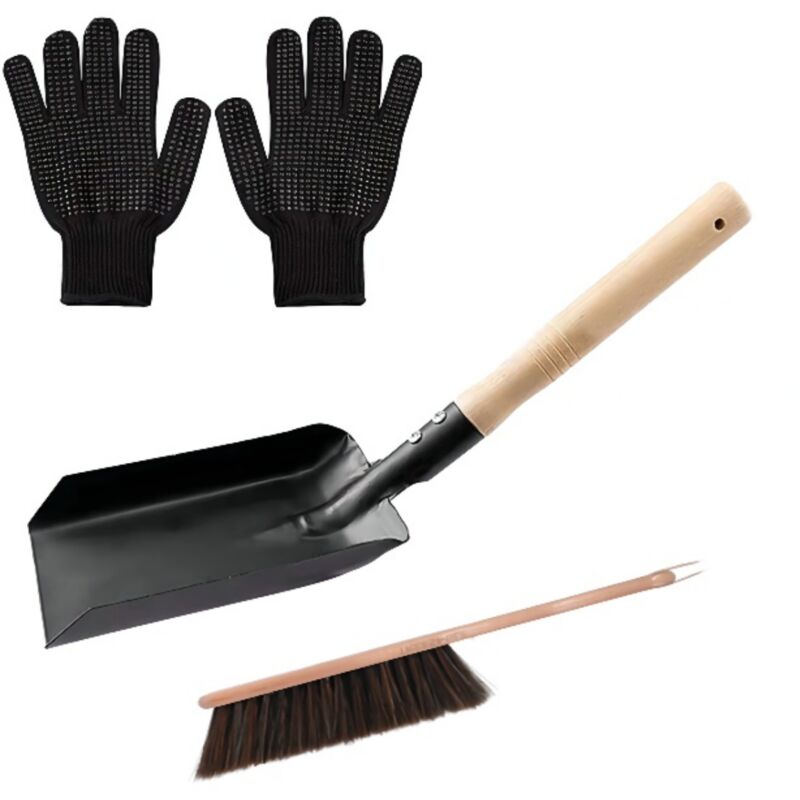 foto del prodotto dpzo set per la pulizia del camino, pala e spazzola con guanti in silicone, pratici strumenti per il camino