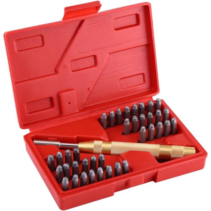 foto del prodotto dpzo set per timbratura di lettere, 38 pezzi, kit per timbratura di lettere e numeri in acciaio con punzoni da 3 mm, punzoni automatici