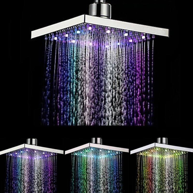foto del prodotto dpzo soffione doccia led quadrato con 7 colori, 8 pollici, alimentazione ad acqua, finitura cromata