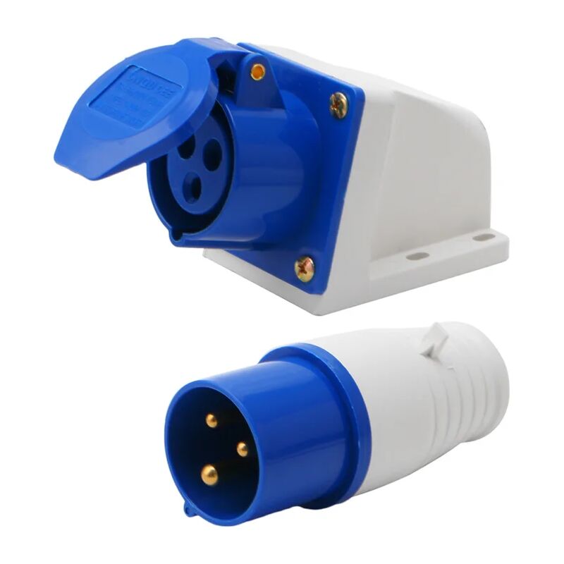 foto del prodotto dpzo spina industriale impermeabile ip44 2p e trifase 16a a 3 pin, 220 250v, da 16 amp, adatta per camper, roulotte e furgoni camperizzati.