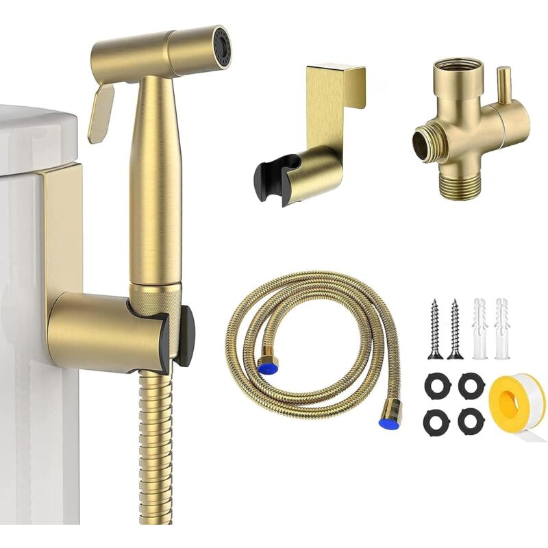foto del prodotto dpzo spruzzatore per bidet in acciaio inossidabile, kit spruzzatore per bidet, spruzzatore per rubinetto, oro, set di tubi flessibili a parete 