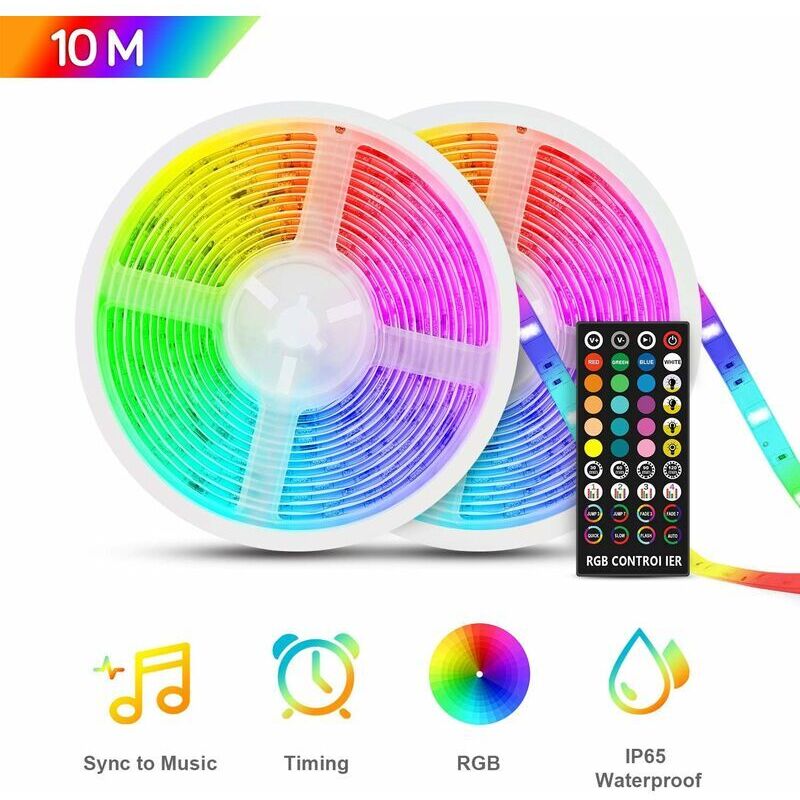 foto del prodotto dpzo striscia led impermeabile da 10 m, striscia led rgb5050 12 v, ip65 multicolore con funzione musicale temporizzata, telecomando a infrarossi,