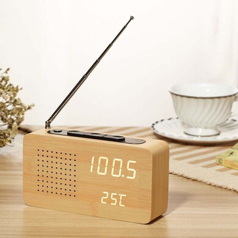 foto del prodotto dpzo sveglia radiofonica retr da comodino in legno, sveglia radiofonica ad alta definizione in legno, grande schermo con display digitale