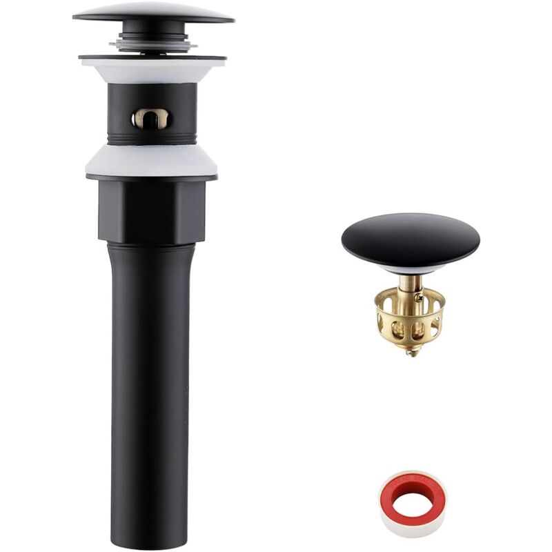 foto del prodotto dpzo tappo per lavandino nero, tappo per lavandino con troppopieno, tappo a pressione click clack, tappo universale per scarico bagno con cestello,