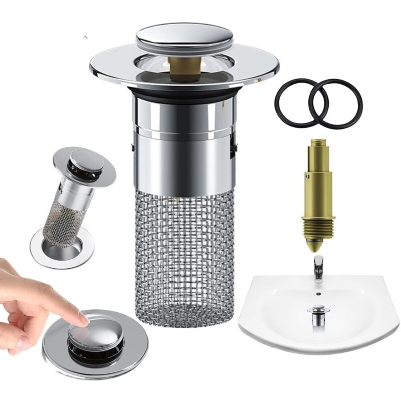 foto del prodotto dpzo tappo universale per lavandino, tappo di scarico a scomparsa, tappo per lavandino con cestello filtrante per cucina, bagno e balcone 34 40 mm 