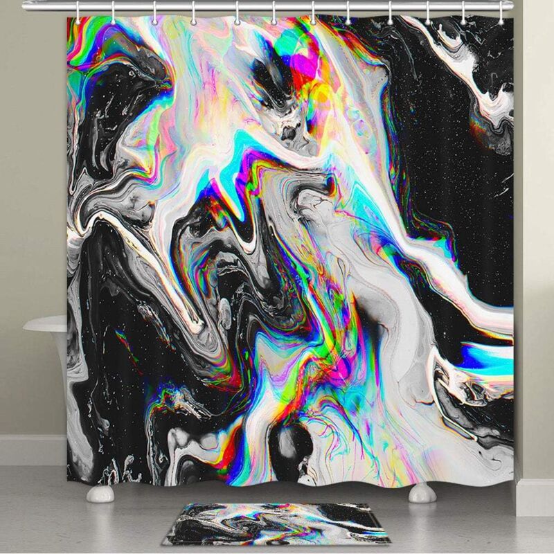 foto del prodotto dpzo tenda da doccia in marmo bianco e nero, con guazzo colorato, arcobaleno, oro e crepe, impermeabile, motivo astratto psichedelico, ganci