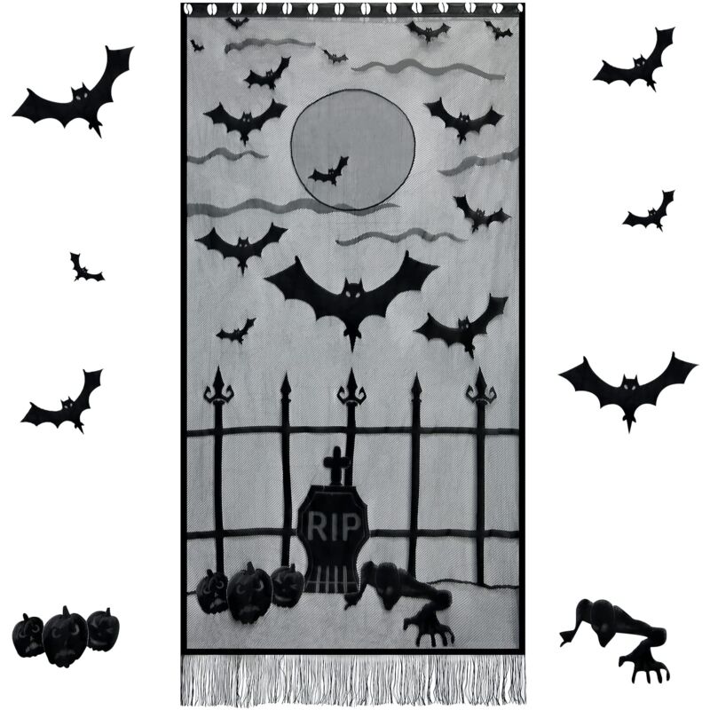 foto del prodotto dpzo tende di halloween per porte, tende in pizzo nero con scheletro e pipistrello, decorazioni per feste