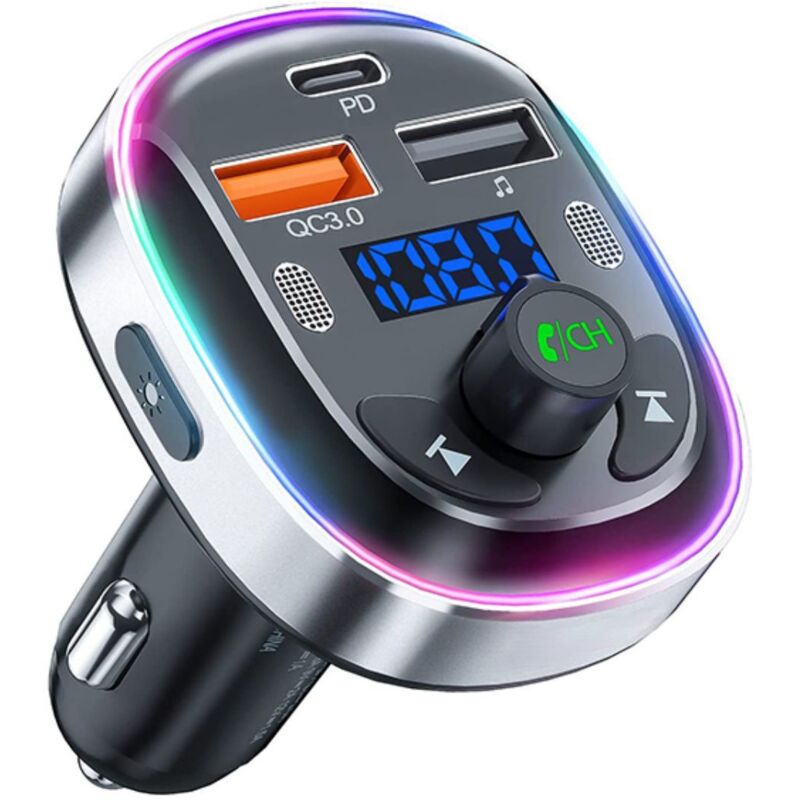 foto del prodotto dpzo trasmettitore fm bluetooth 5.3 per auto, adattatore bluetooth per auto con chiamate in vivavoce, 2 microfoni, 3 porte usb, 30 w pd qc 3.0, 7