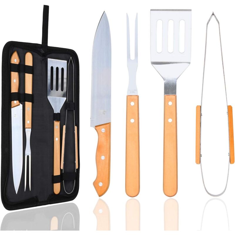 foto del prodotto dpzo utensili per barbecue in acciaio inossidabile con manico in legno, kit portatile con borsa per campeggio e giardino