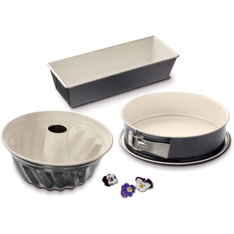 foto del prodotto dr. oetker set da 3pz stampi da forno, stampo a cerniera 26, stampo plumcake pane 30x13, stampo ciambella 22, materiale acciaio rivestito in