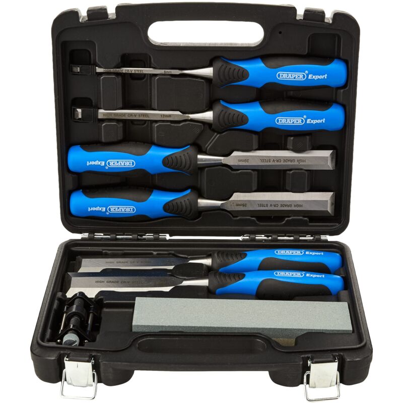 foto del prodotto draper tools set di scalpelli per legno 88605 6 scalpelli, pietra e guida per affilatura