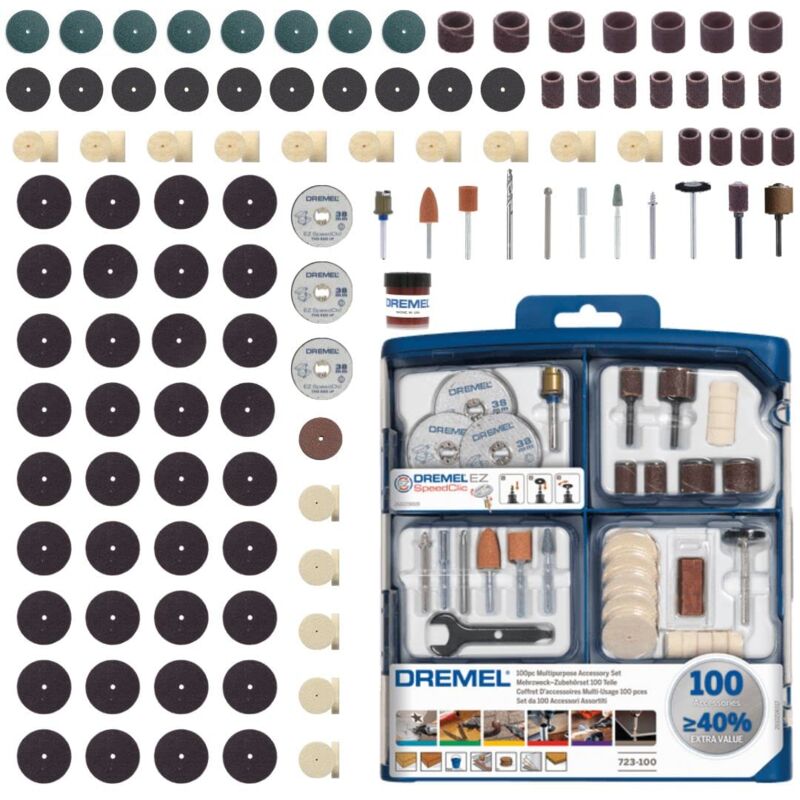 foto del prodotto dremel sc723 ez speedclic set di accessori per utensile multifunzione, 100 pezzi per intagliare, tagliare, incidere, lucidare, fresare, levigare,
