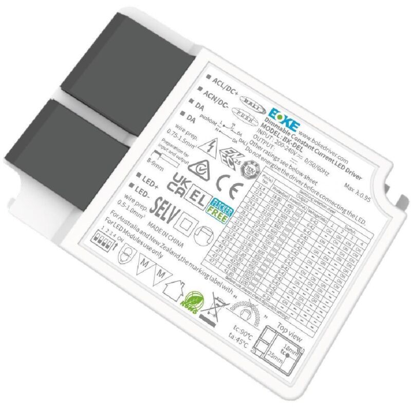 foto del prodotto driver no flicker regolabile dali push 200-240v output 6-38v 250-800ma 30w bk-del030 boke 30 w