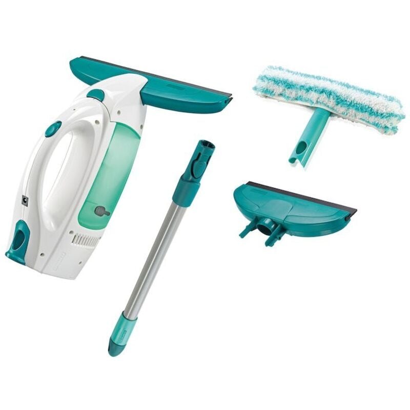 foto del prodotto dry &amp; clean set lavavetri elettrico con manico per lavaggio a 360°, tergivetro professionale con bocchetta e lavavetri, tira acqua da doccia - leifheit