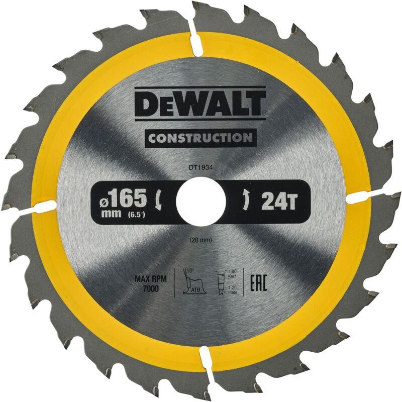 foto del prodotto dt1934 qz lama sega circolare 165x20mm 24t legno chiodato dewalt