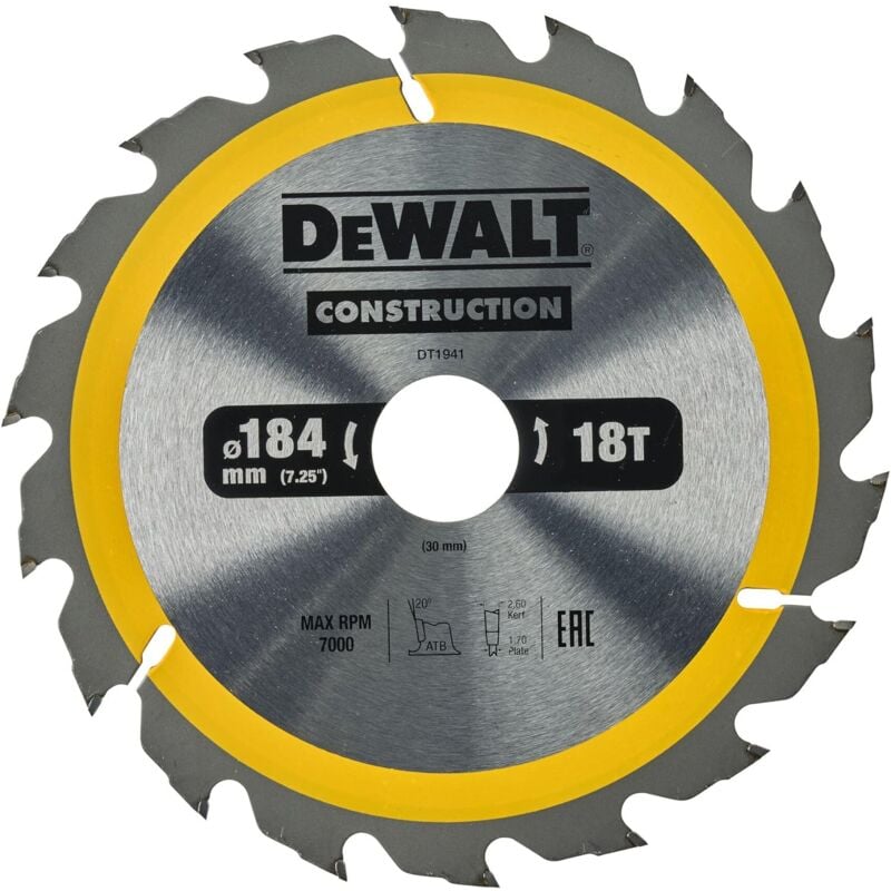 foto del prodotto dt1941 qz lama sega circolare 184x30mm 18t legno chiodato dewalt