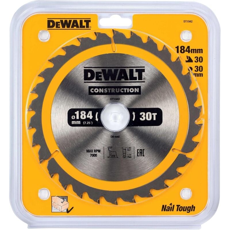 foto del prodotto dt1942 qz lama sega circolare 184x30mm 30t legno chiodato dewalt